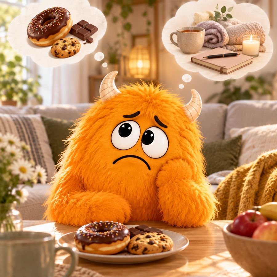 Oranges Monster überlegt zwischen Süßem und einer Pause mit Tee