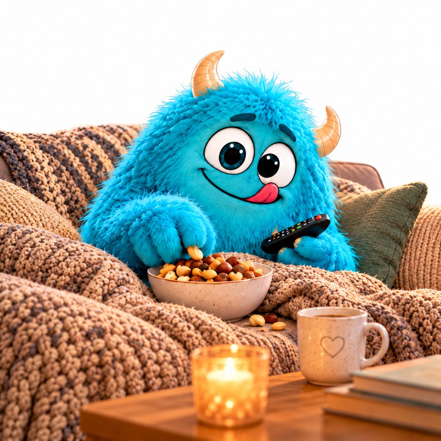 Monster nascht abends vor dem Fernseher