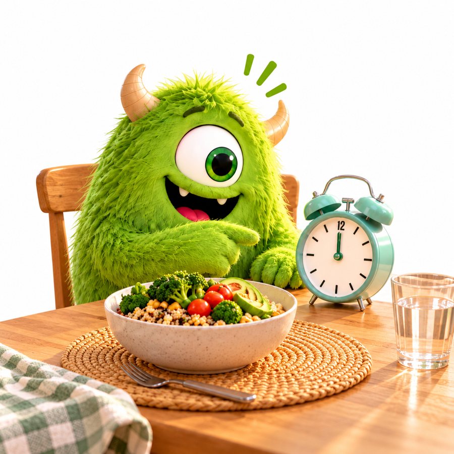 Monster freut sich mittags über eine regelmäßige Mahlzeit