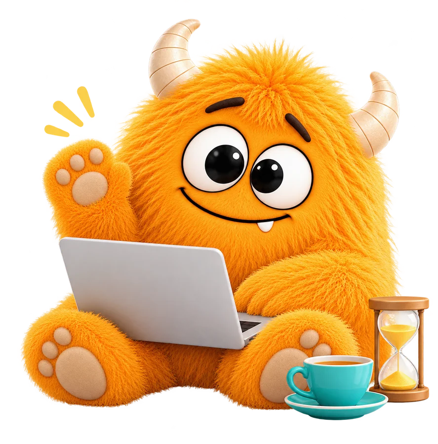 Monster winkt vor einem Laptop